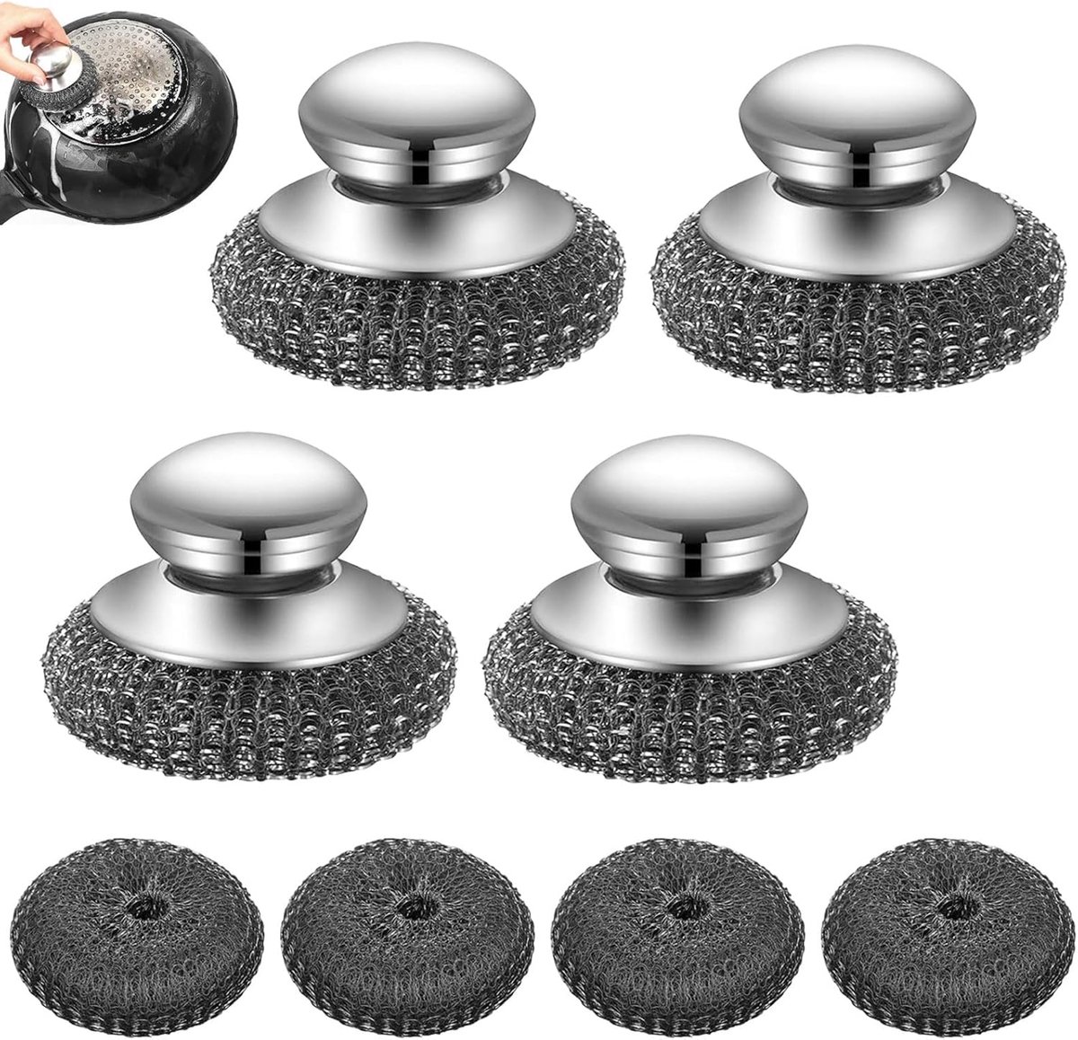 Bobypet - Set van 4 RVS Schoonmaakborstels met Handvat - Vervangbare Staalspons & Schuurspons van RVS Staaldraad - Herbruikbare Pannenspons voor Keuken, Badkamer & BBQ - Zilver