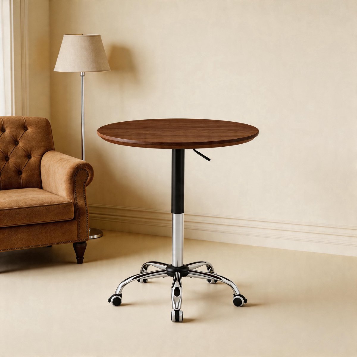 Bijzettafel Met Wielen - Verstelbare Tafel 70cm - Ronde Laptoptafel Walnoot