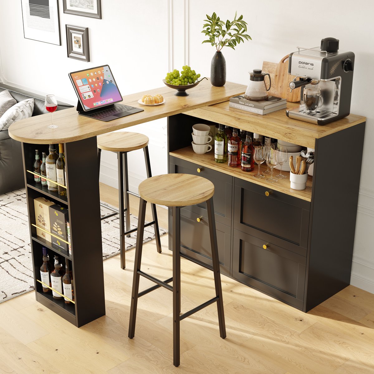 Bar-Set met Kücheninsel-Tisch en 2 Standaardhockers - Design en Functioneel - Black Metal - 138 cm