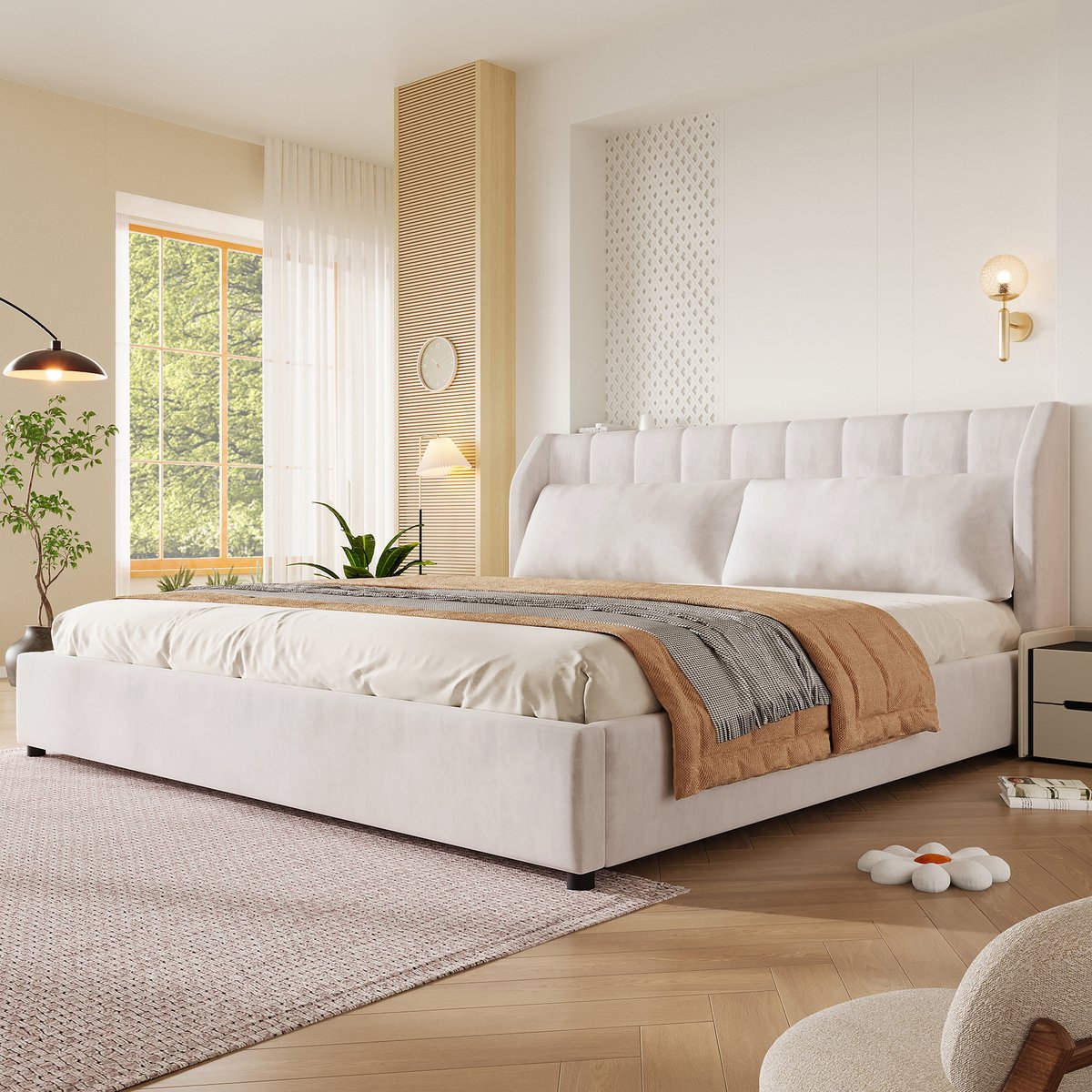 Platformbed 180x200 cm - Beige Satijnen Bed met Lattenrooster - Frans Design