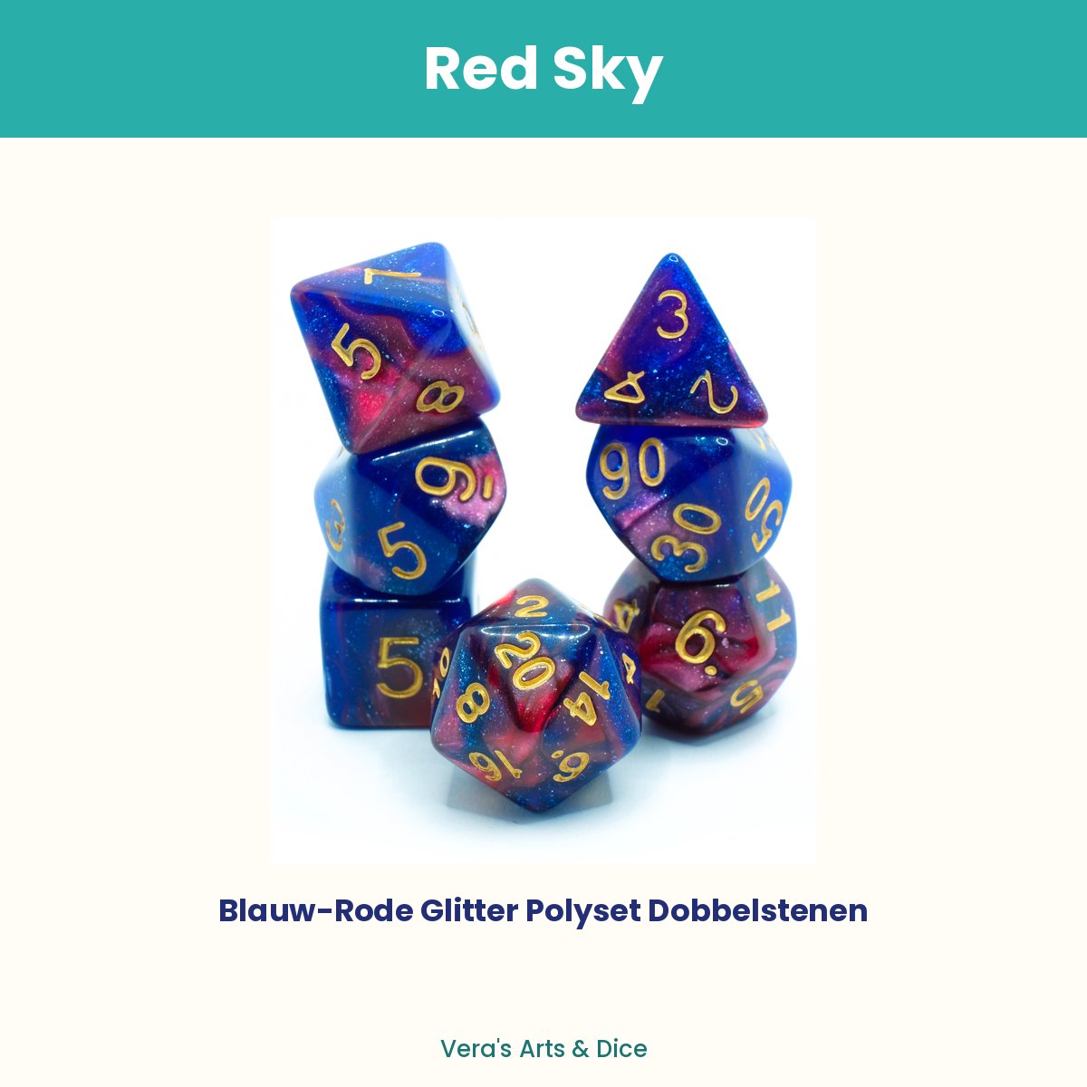 Red Sky - Vera's Arts & Dice - Dobbelstenen Set - 7-delig - Blauw Rood Goud Glitters - D&D RPG