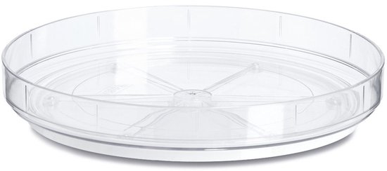 Plateau tournant rond transparent en plastique avec bord surélevé.