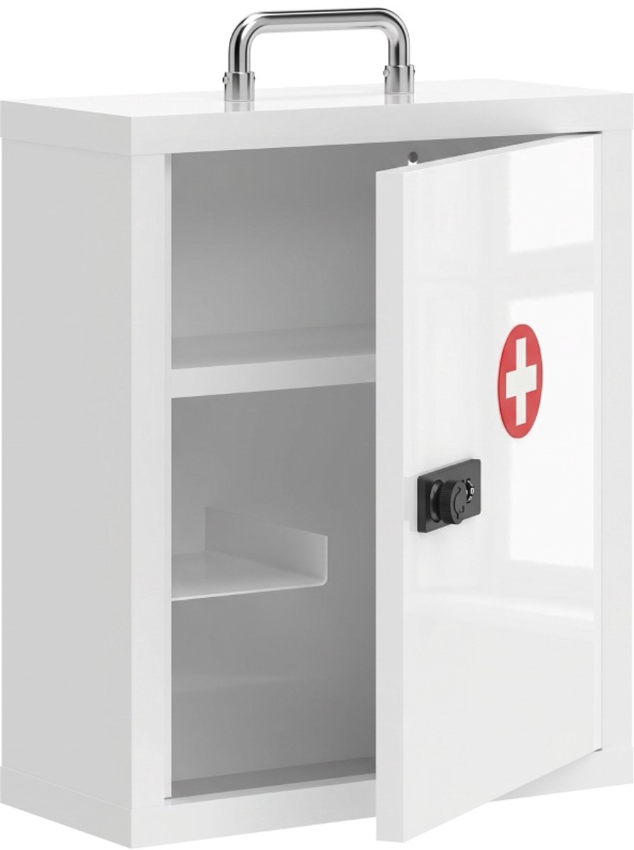 Medicijnkastje Met Slot - Afsluitbare EHBO Kast Met Code - Metalen Wandkast Voor Medicijnen Met 3 Opbergvakken - Compacte Medicijnbox Voor Thuis, Kantoor En Werkplaats - Wit