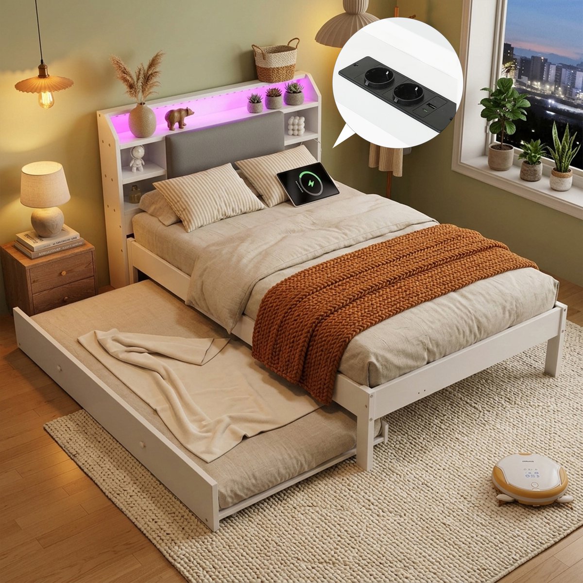 White Wooden Bed with LED Light Storage - 120x200 cm Bed with 90x190 cm Pull-Out Bed - Modern Design - Functional and Comfortable