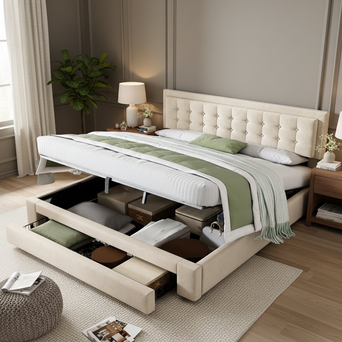 Beige Velvet Bed met Opbergruimte en Lattenrost - Doppelbett 180 x 200 cm
