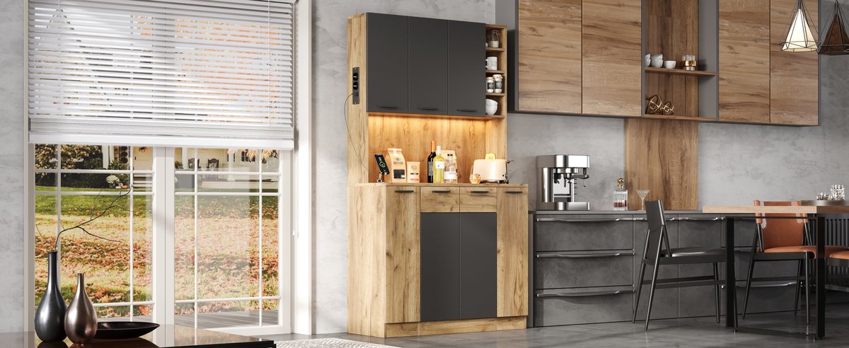 Küchenschrank Hochschrank met LED Verlichting - Black+Natural - 180x100x40 cm