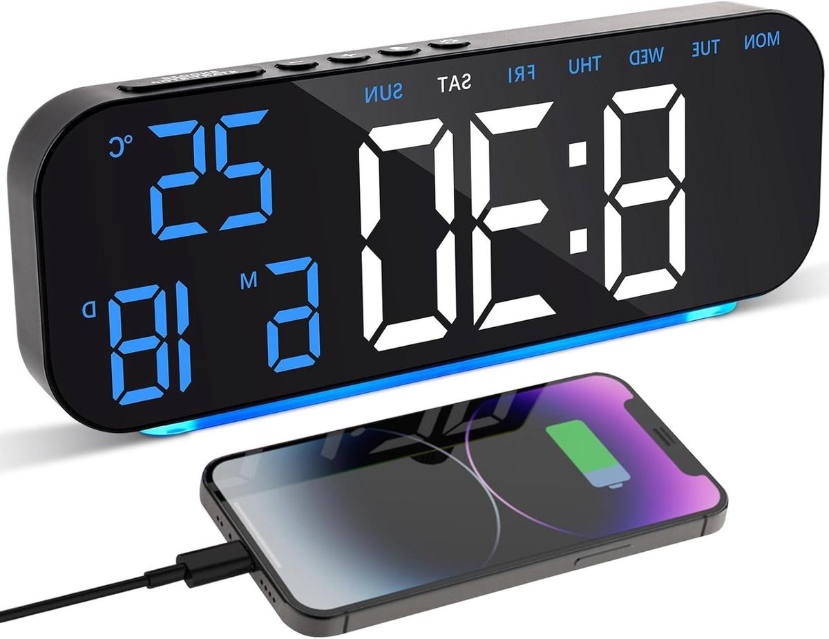 Digitale Nachtwekker - Tafelklok LED - Tijd Bijhouden - Dubbele Alarmen - 10 inch Display - Blauw