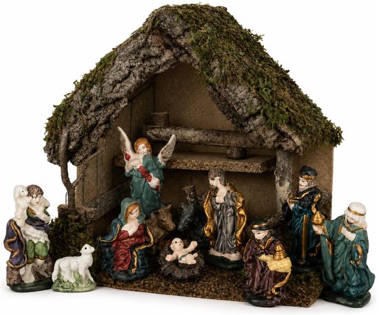 Complete kerststal - 30 x 18 x 26 cm - met 11 kerstbeeldjes - kerstdecoratie stal