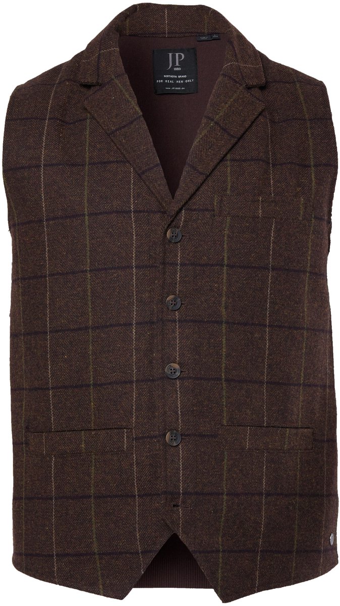 JP 1880 - Heren - Tweed gilet FLEXNAMIC® geruit wolmix revers tot 8XL - Donkerbruin - Maat XXL