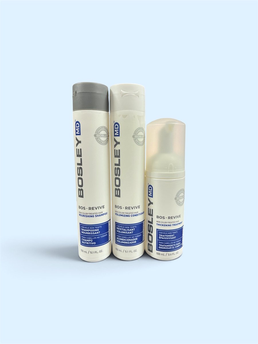 BosleyMD Bos Revive Nourishing shampoo 150ml, Volumizing Conditioner 150ml, Thickening Treatment 100ml