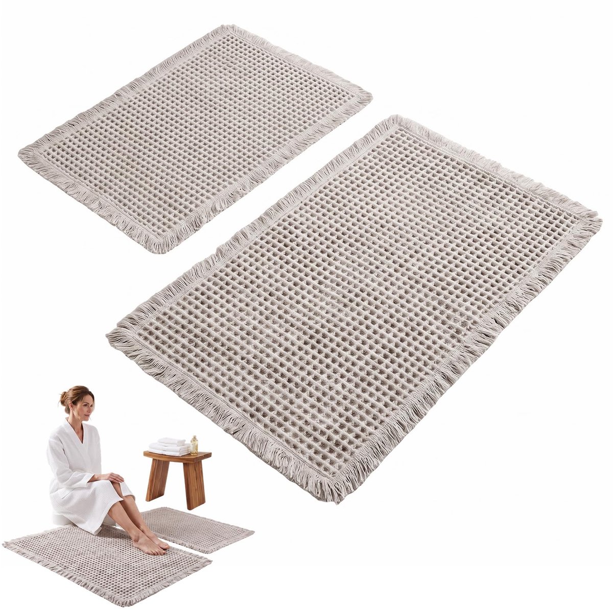 Badkamertapijtenset 2-delig - lichtgrijs - wasbare Boho badmat - antislip voor badkamer - SnelShoppen