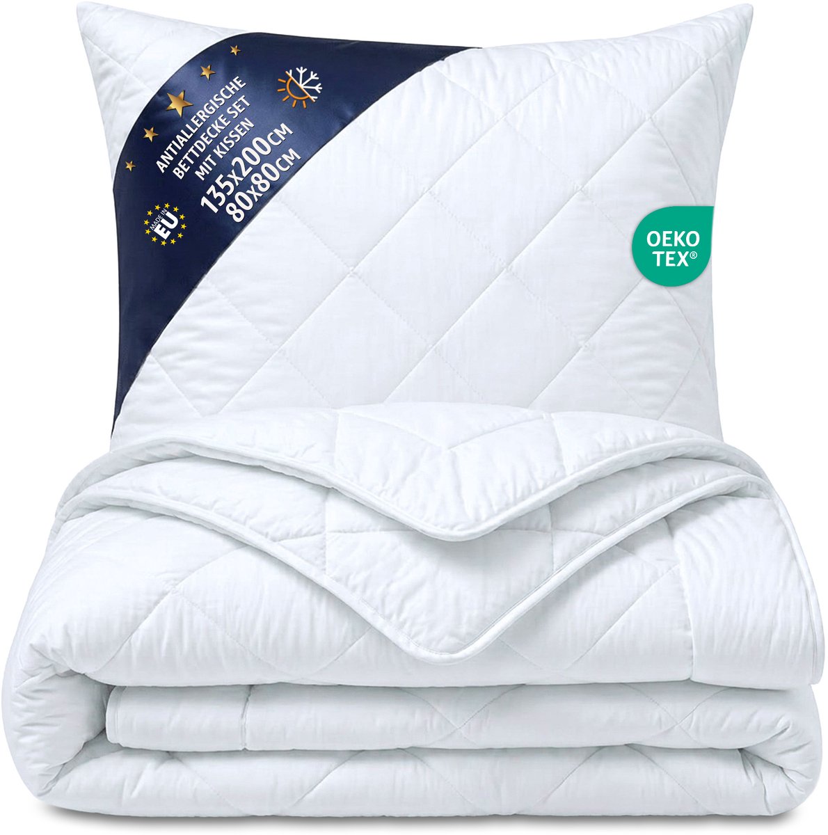 Dekbed zonder overtrek 135x200 cm – all-season Gewatteerd dekbedden naar bed wit warm licht Set: dekbed 135 x 200 cm met kussen 80 x 80 cm Tweede keuze Oeko-Tex