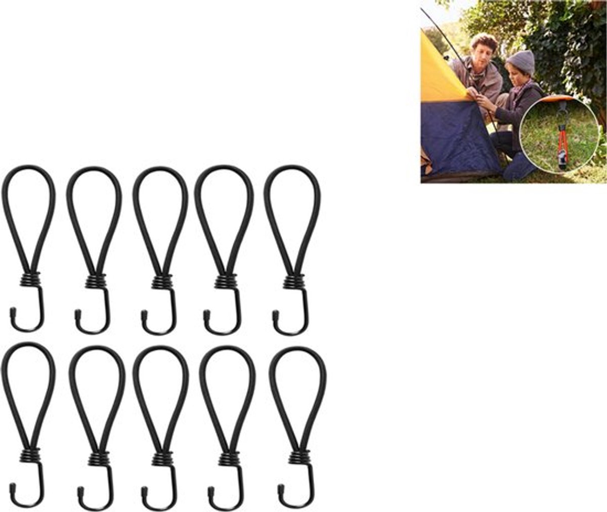 Set van 10 - Elastische touwen - Kleine elastische touwen met haken - Elastische koorden - Tentspanners - 19,5 cm - Zwart