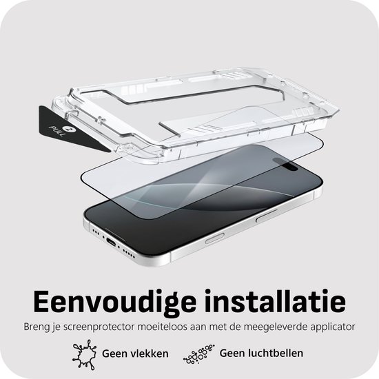 iPhone met applicator en screenprotector. "Eenvoudige installatie."