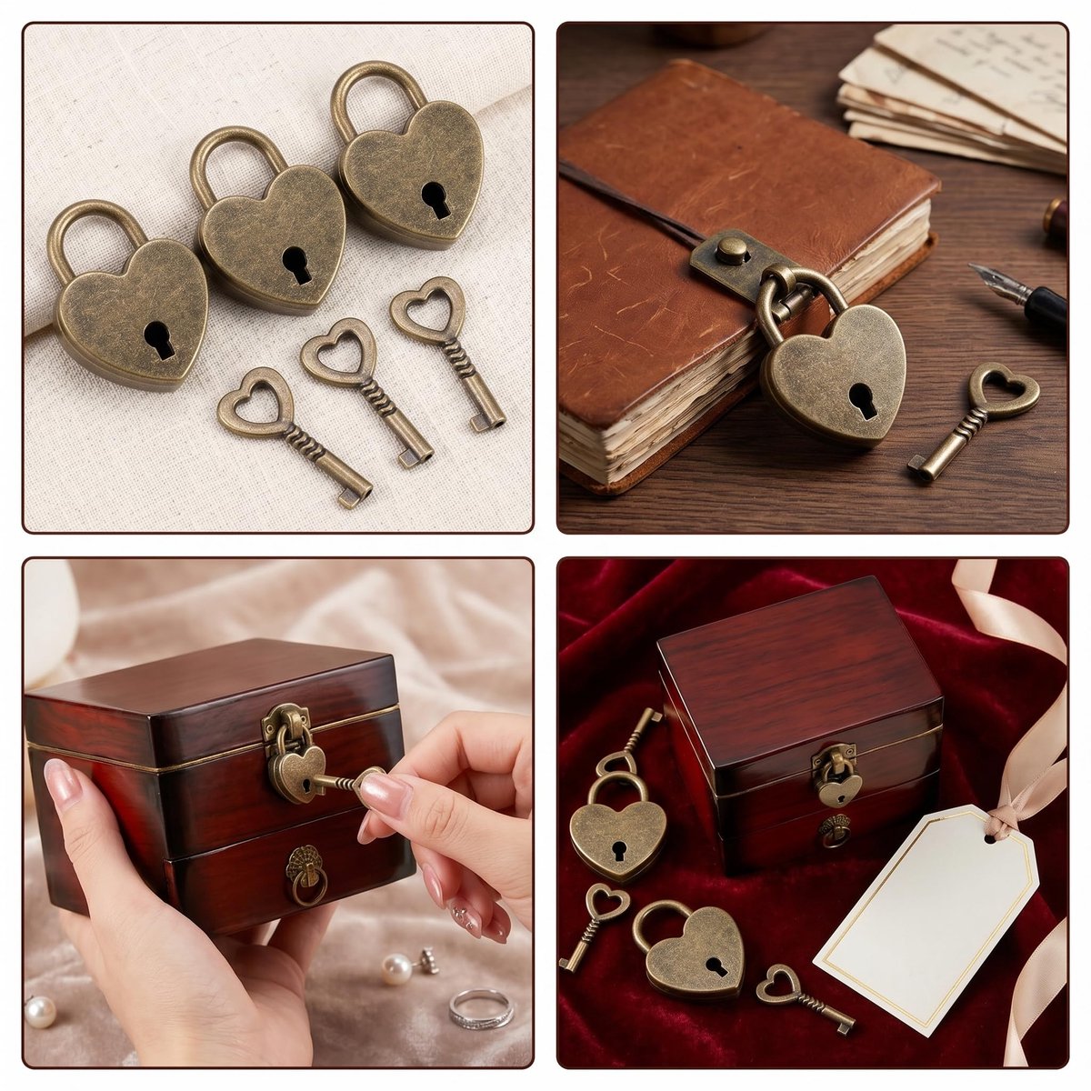 Kleine Hart Sloten met Sleutel - Bronzen Antieke Hangsloten - Mini Retro Hartvormige Slotjes - SnelShoppen