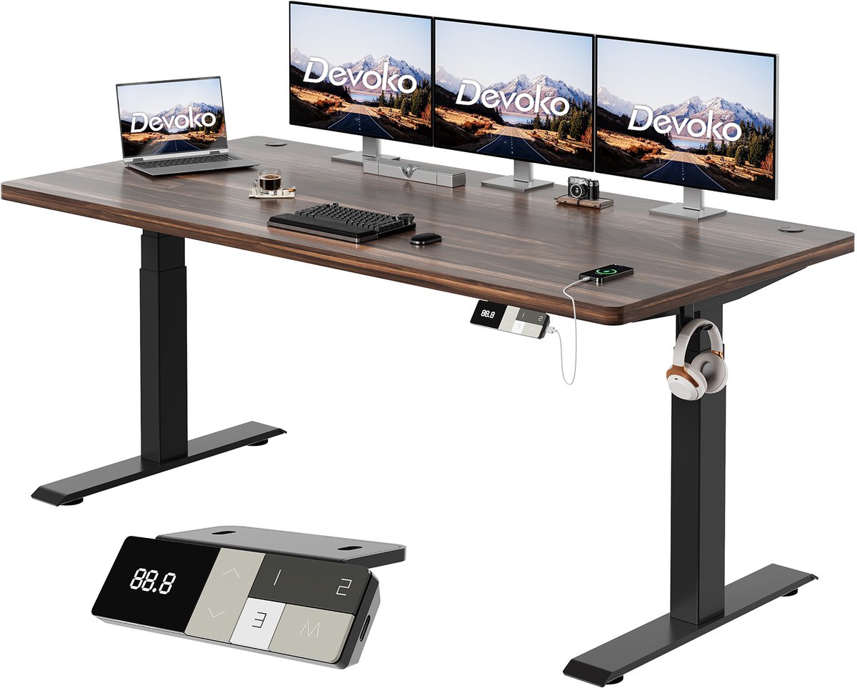 Devoko Elektrisch Zit-Sta Bureau 180x80 cm - Elektrisch Verstelbaar Bureau - In Hoogte Verstelbaar 63-128 cm - 25 mm FSC Tafelblad - Dubbele Motor - 125 kg - Walnoot/Zwart