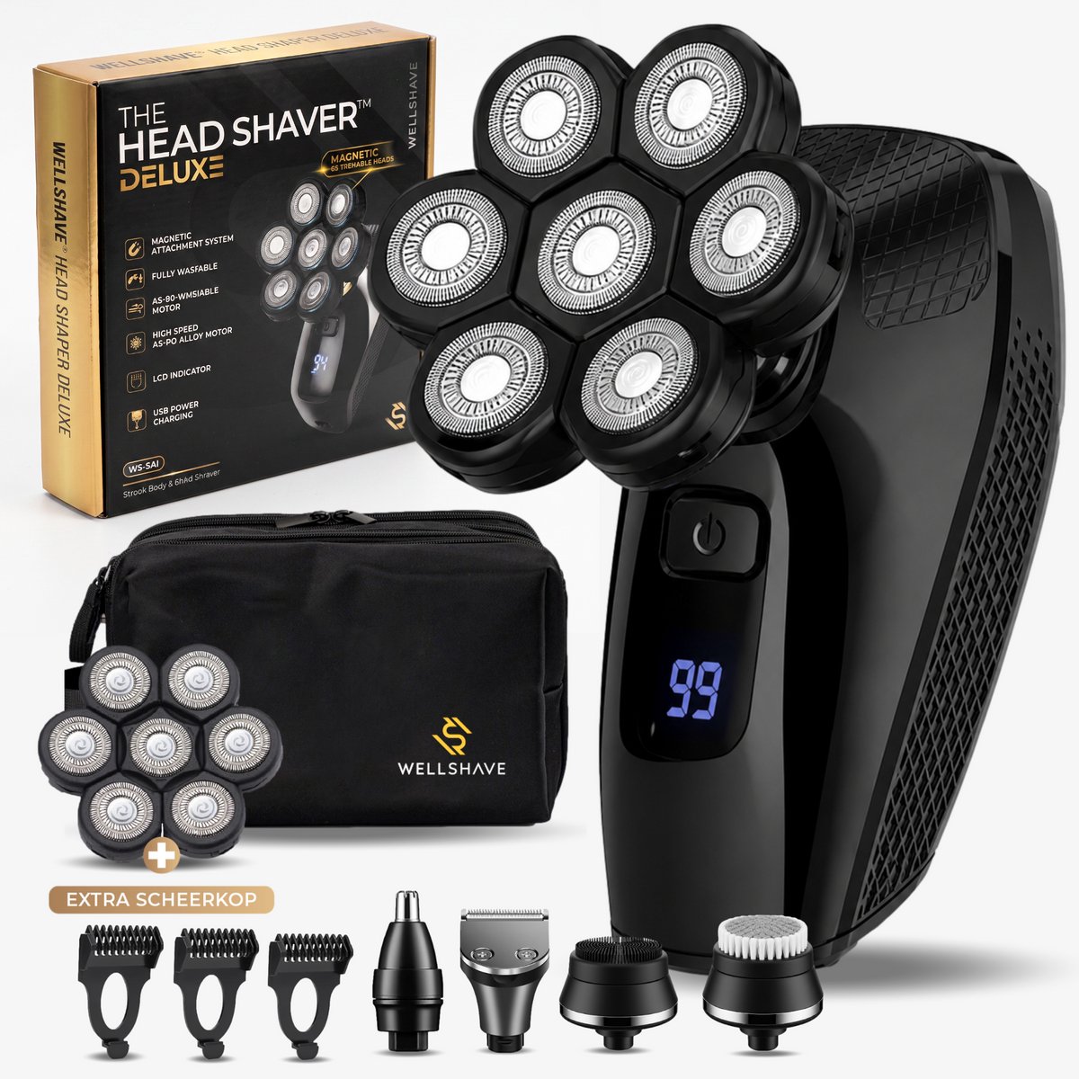 Wellshave Skull Deal 2.0 - 5-in-1 Scheerapparaat Mannen - Hoofd Kaal Scheren - Head Shaver - Elektrisch Scheerapparaat - Incl. Extra Scheerkop & Luxe Toilettas