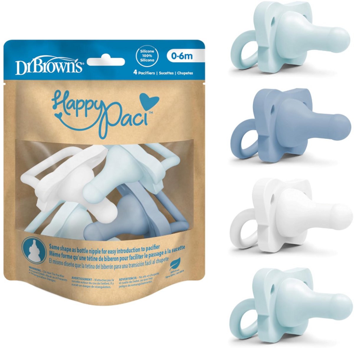 Dr. Brown's HappyPaci Fopspeen 0-6 Maanden – 100% Siliconen, BPA-vrij, Orthodontisch, Blauw/Lichtblauw/Wit, 4 Stuks