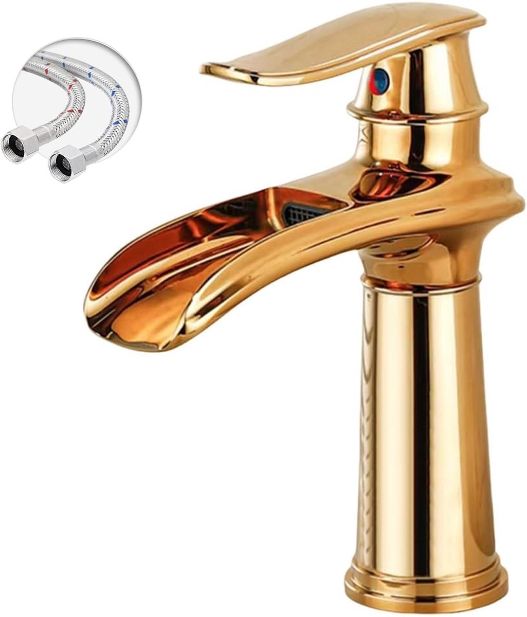 KZQ Waterkraan Badkamer Wastafelkraan Modern Badkamerkraan Wastafelmengkraan Waterval Badkamer Kraan Eengreepsmengkraan Warm En Koud Verstelbare Wastafelarmatuur - Laag Model - Goud