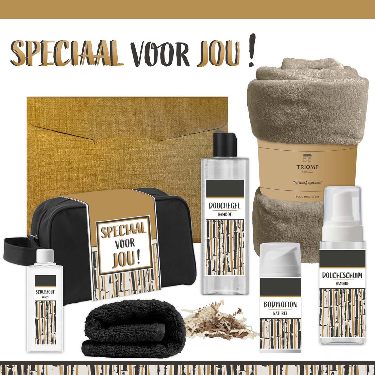 Geschenkset “Speciaal voor jou!” - 7 producten - 1390 gram | Giftset voor hem Vader Cadeau Luxe Wellness Pakket Man Speciaal Cadeaupakket Doos Handdoeken Fleecedeken Geschenk Cadeaudoos Verjaardag Vriend Gift Douche Taupe Goud