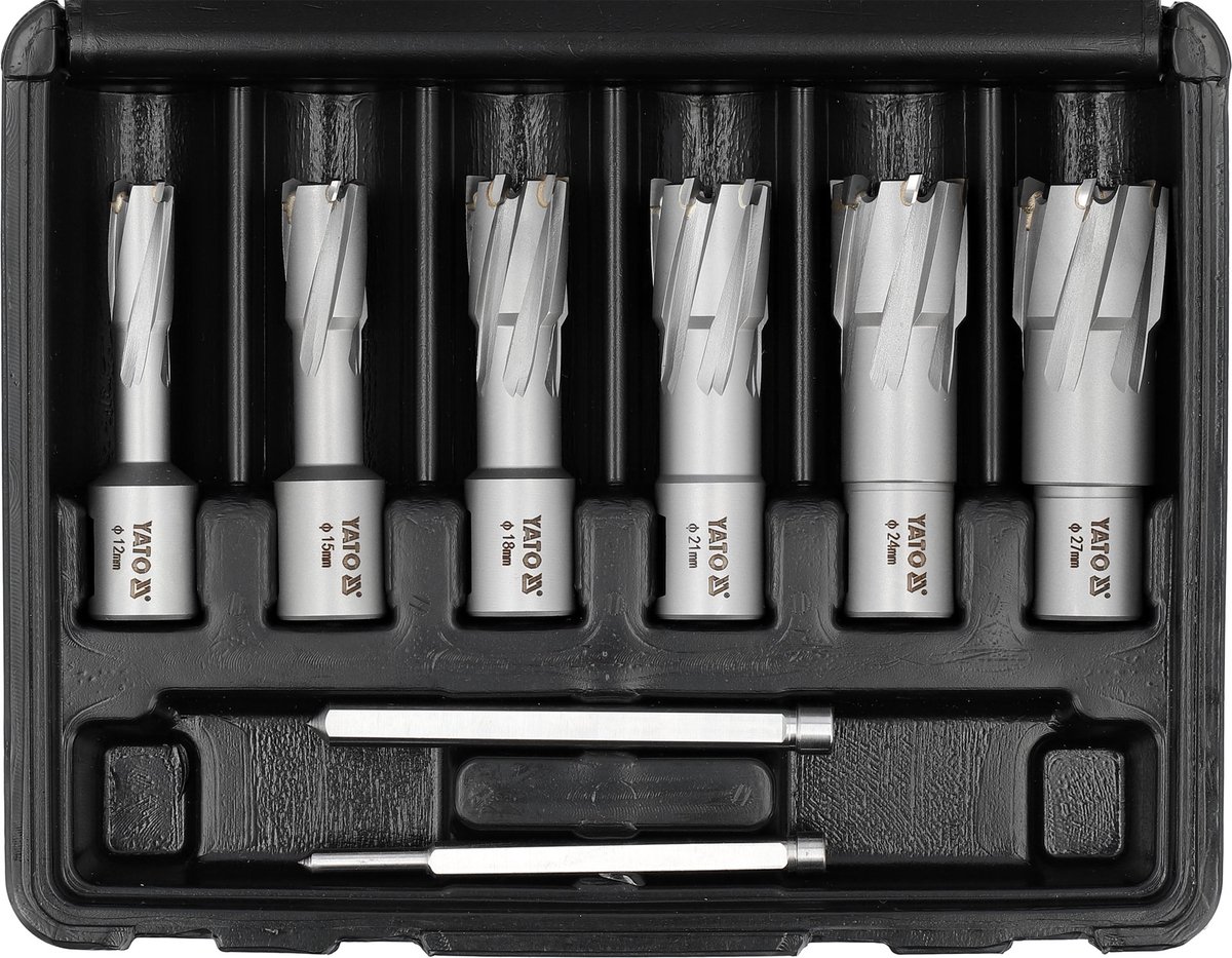 YATO YT-43410 Professionele TCT Kernborenset – 8-Delig – Hardmetaal (Tungsten Carbide Tipped) – Weldon Opname – Met Centreerpennen – Kernboren voor Staal, RVS & Metaal