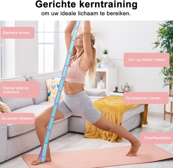 2 stuks Elastische Yogariem met 8 Lussen - Stretchband voor Yoga, Pilates & Gymnastiek - Ideaal voor Rek- en Krachttraining - Fitness Dehnband voor pilates, dansen, gymnastiek - Stretchband 85 cm — afbeelding 5