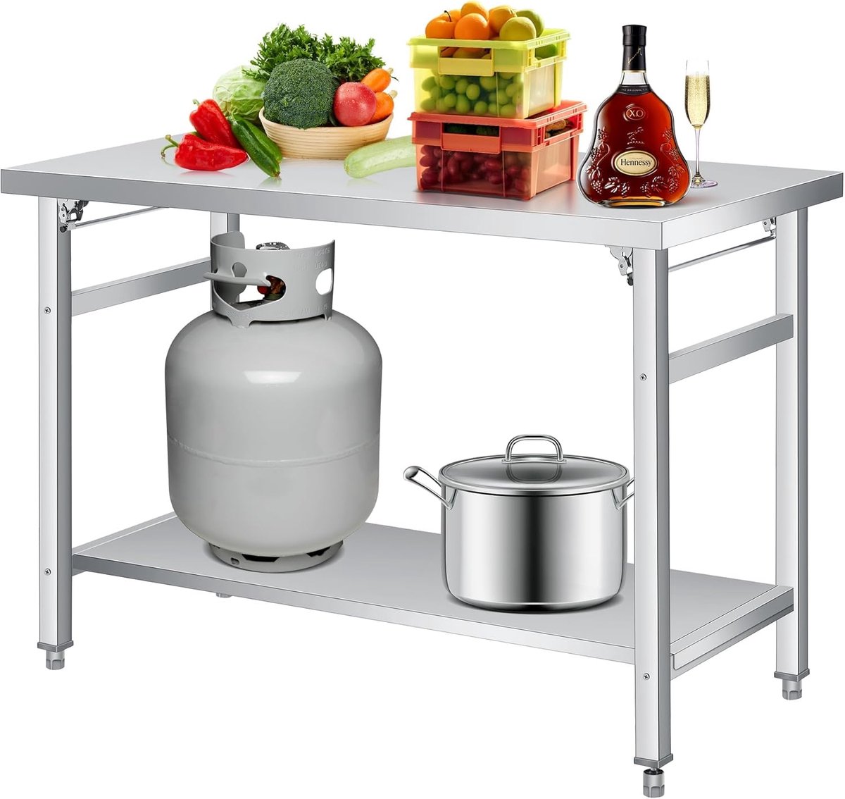 Opvouwbare roestvrijstalen werktafel 122 x 61 x 85 cm, twee niveaus, verstelbare onderplank, draagvermogen 454 kg, draagbaar, voor keuken, werkplaats, restaurant en garage