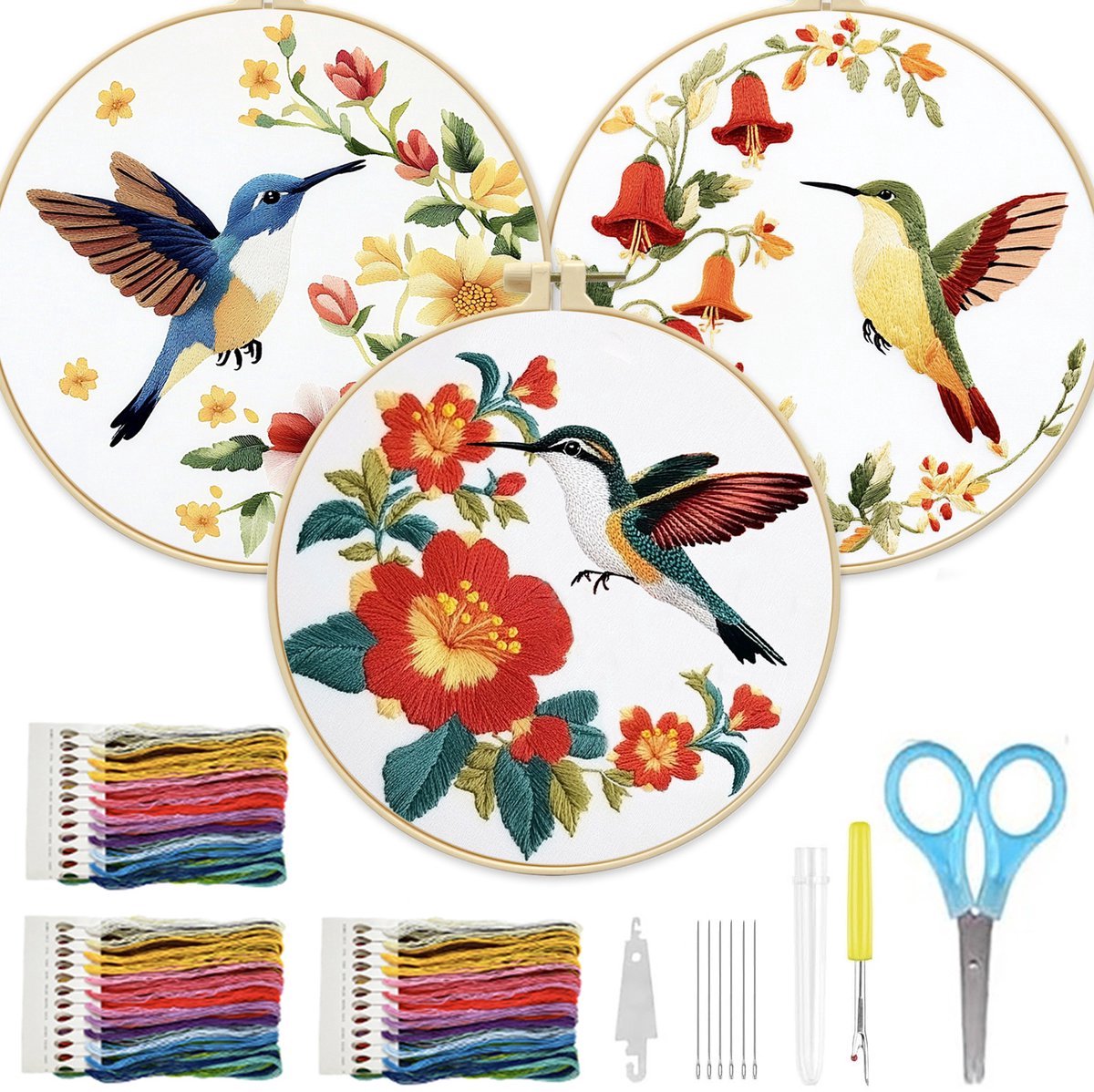 Casalora Borduurpakket – Bloemen en Vogelcombinatie Borduren - 3 Stuks - DIY Borduurset voor Beginners en Volwassenen met Borduurring, Voorgedrukt Borduurstof en Accessoires – Handwerk Borduur Kit