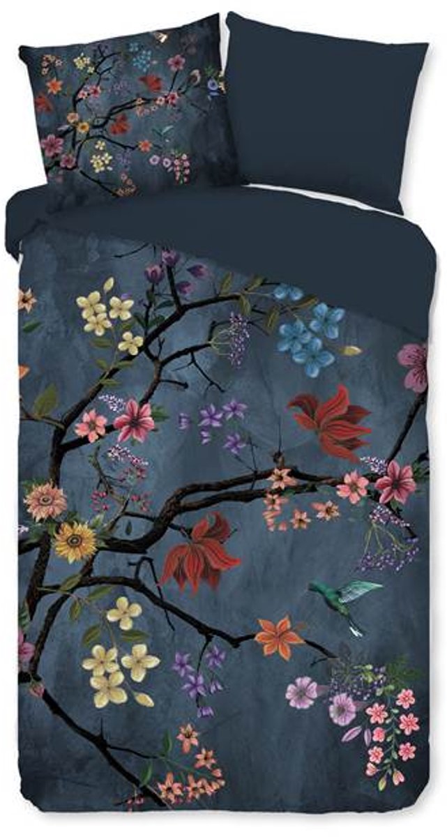 Pure dekbedovertrek takken met gekleurde bloemen en vogels - 1 persoons 140x200/220 cm - Donkerblauw - Microvezel