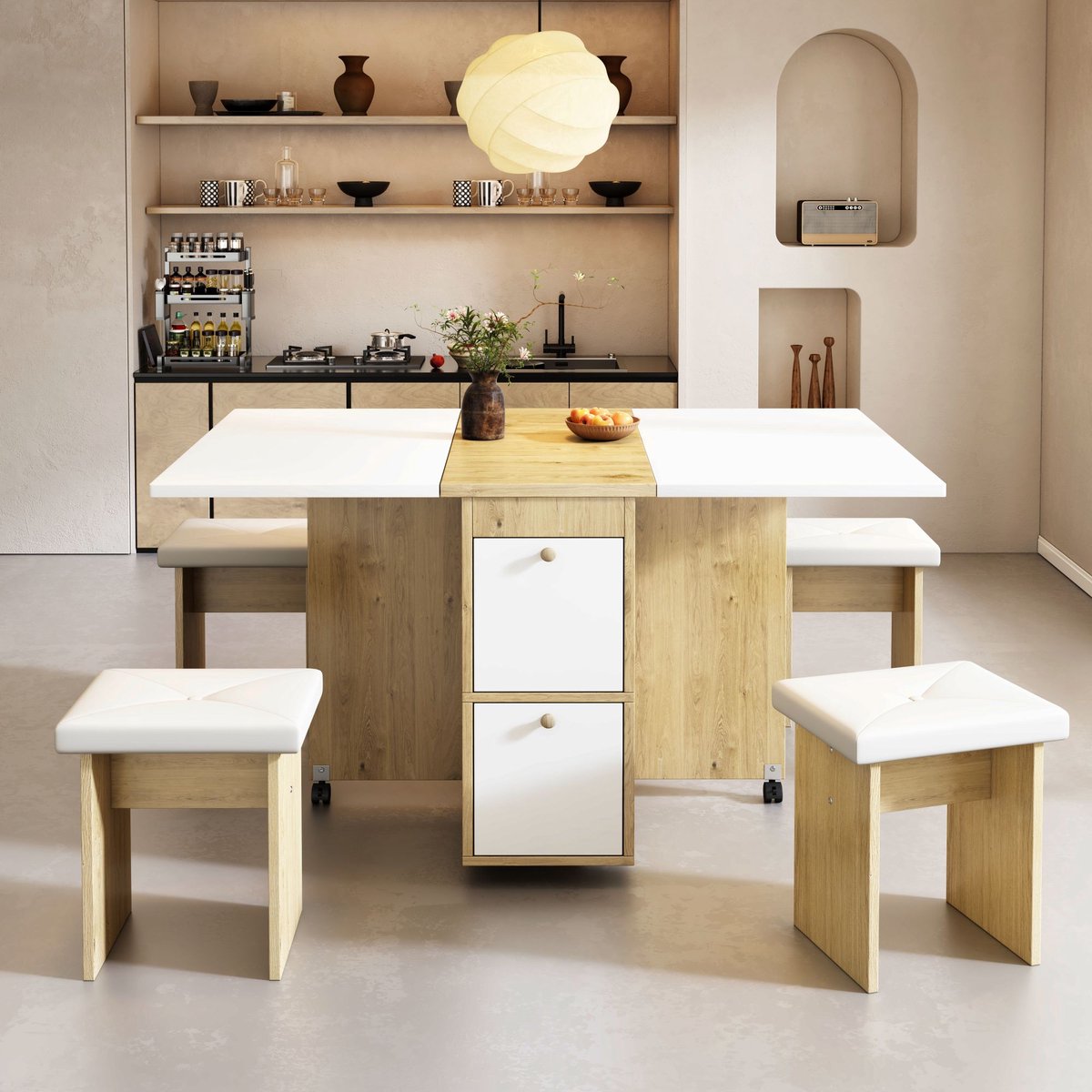 Zubaliya Eettafelset - complete set met 1 eettafel en 4 stoelen - tafel 120 x 80 x 75 cm - spaanplaat - wit, eiken - voor keuken of eetkamer