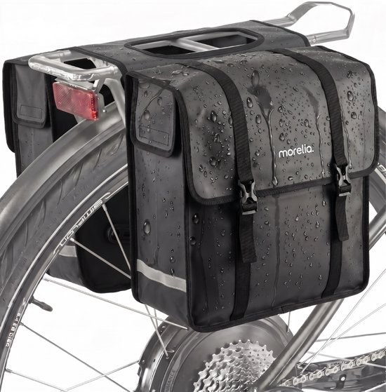 Zwarte, waterdichte Morelia dubbele fietstas met gespen en reflecterende strip.