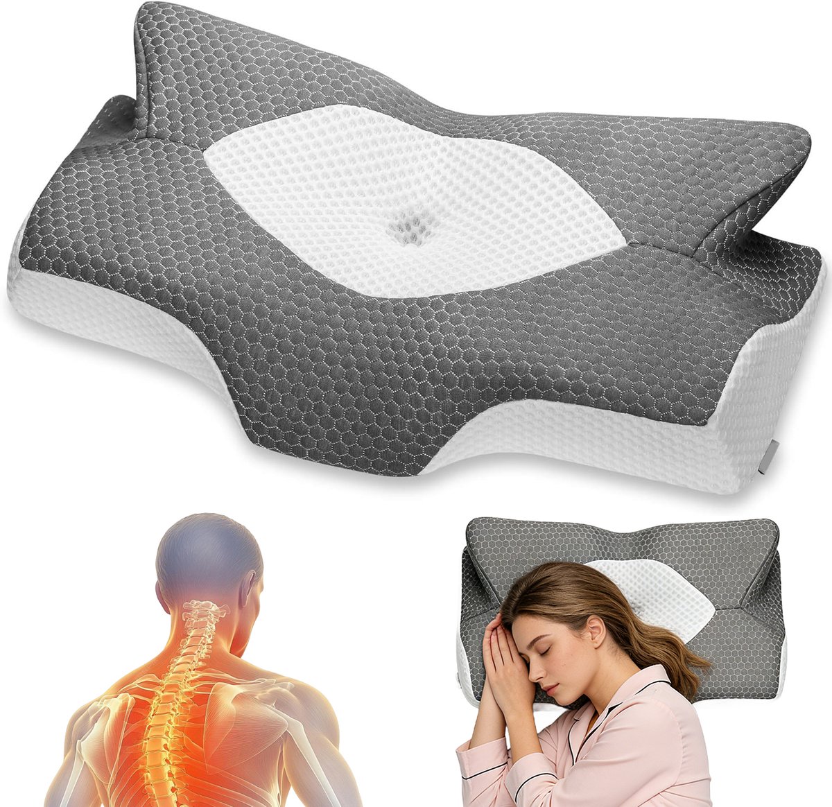 Ergonomisch Nekkussen - Traagschuim Hoofdkussen - Dubbel Hoogteontwerp van 11,5/13 cm - Vlindervorm met Centrale Uitsparing - Langzaam Terugverend Traagschuim - Afneembare Ademende Hoes - Voor Rug-, Zij- en Buikslapers