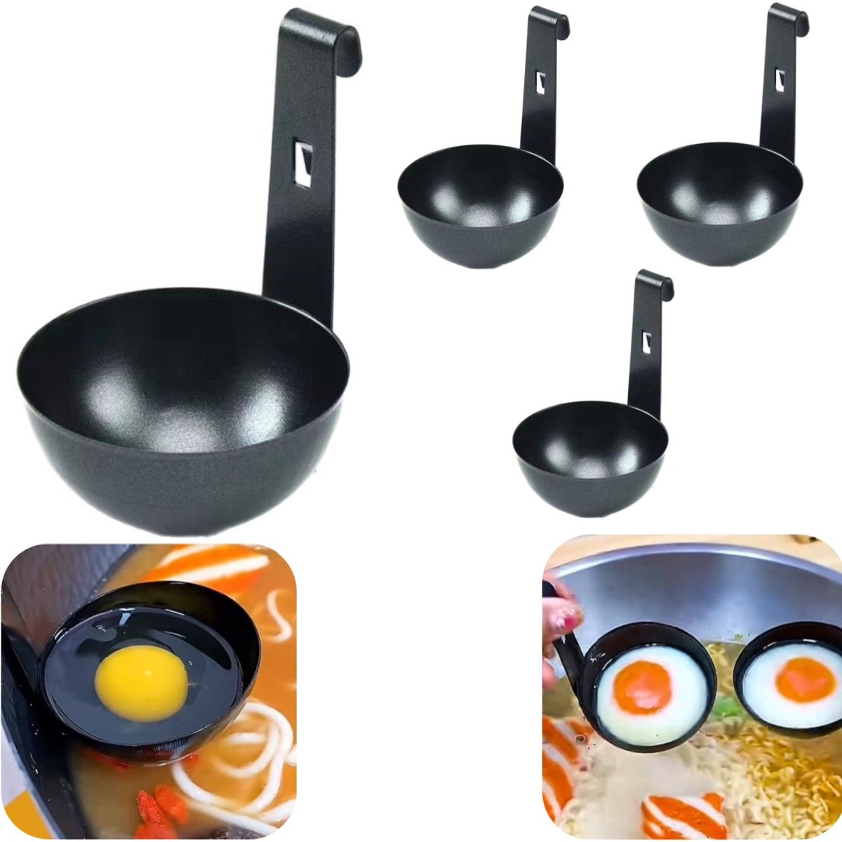4 stuks eierkoker - stomeier - watergekookte eierhouder - roestvrijstalen eierkoker - kan worden opgehangen - gemakkelijk schoon te maken - herbruikbaar - kookaccessoires - geschikt voor eieren, keuken, restaurant (zwart, 11,5*8,5 cm)