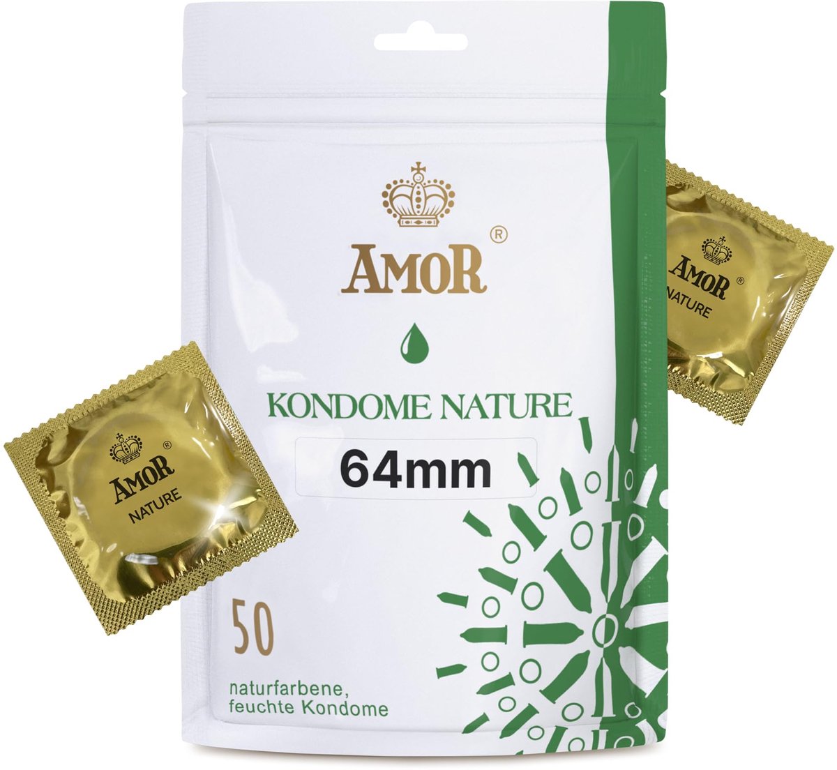 AMOR NATURE 64 mm Condooms 50-pack | Premium Condoom natuurlijke kleur | gevoelsecht en flinterdun | 0,07 mm wanddikte
