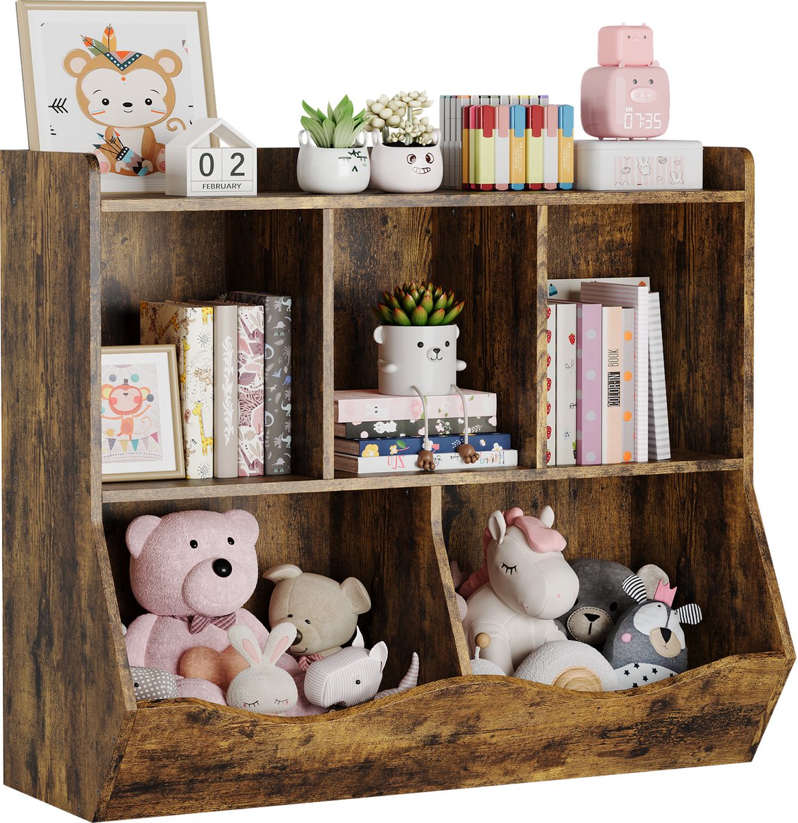 Kinder‑opbergorganizer voor speelgoed en boeken – houten boekenkast met 5 vakken en meerdere schappen – geschikt voor boeken en speelgoed in de babykamer, speelkamer, slaapkamer en hal