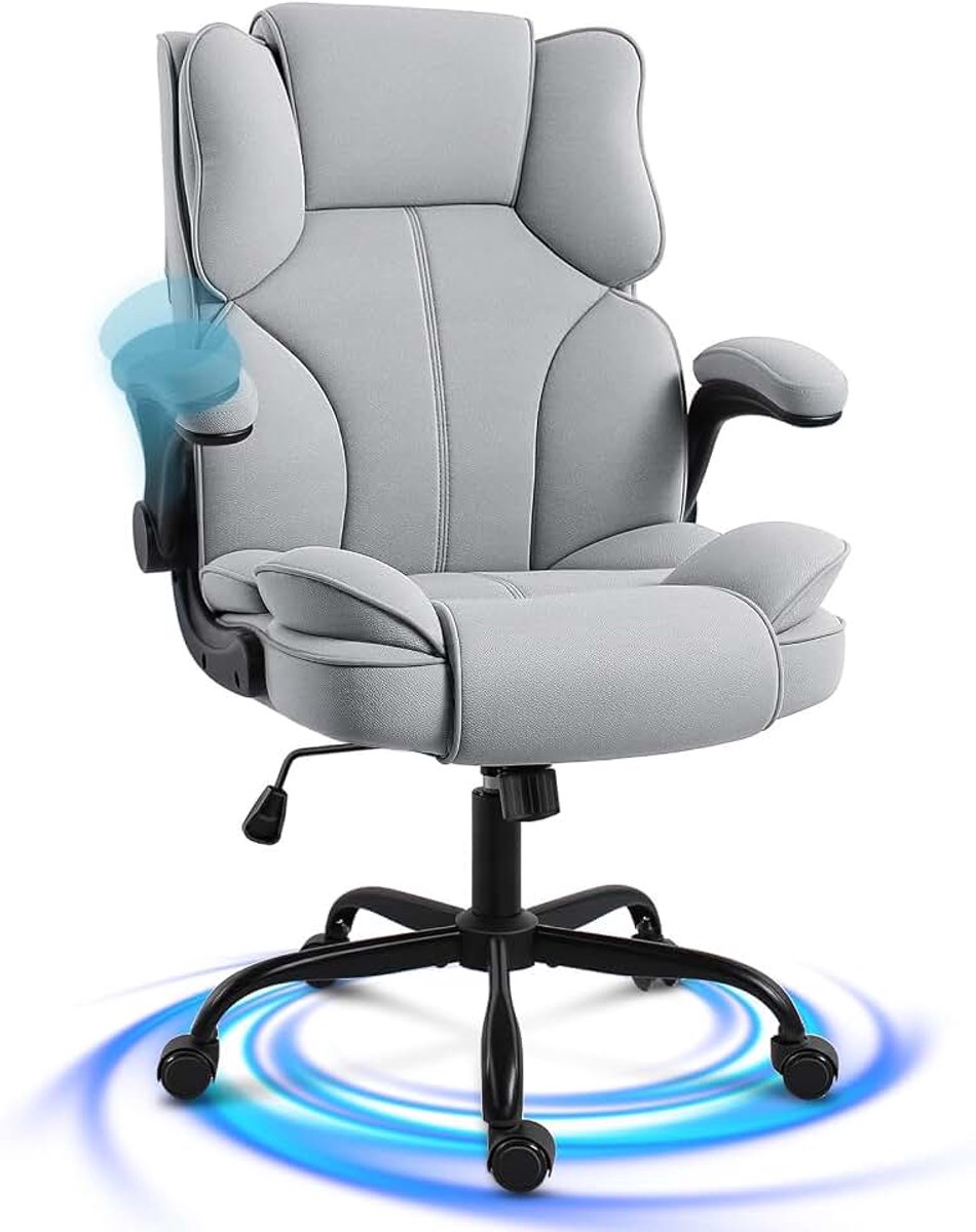 Bureaustoel met Wielen en Armleuningen, Ergonomic Office Chair in Hoogte Verstelbaar, Directiestoel Draagvermogen 150 kg voor Thuis Studie Werken Uitvoerend Wonen Slaapkamer (Grijs)