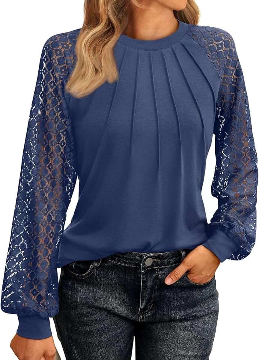 Damesblouse met lange mouwen, kant, business, blouse, casual, tuniek, herfstoutfits