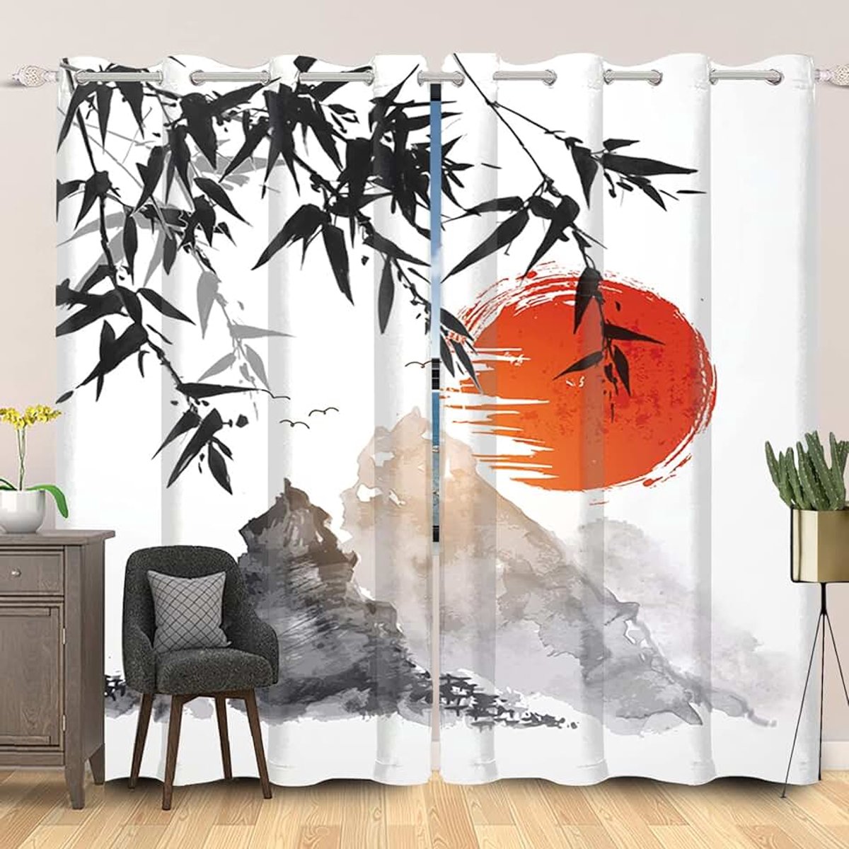 42x84 inch Japanse klassieke inkt schilderij raamgordijn Mt Fuji rode zon bamboe bladeren raamgordijnen oosters traditioneel raamgordijn voor woonkamer slaapkamer verduisterende gordijnen, 2