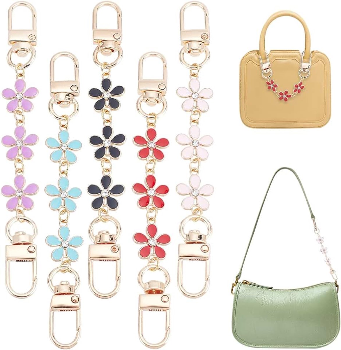 PandaHall 5 stks bloem portemonnee extender, 5.2 inch korte tas riem tas hanger bedels vrouwen tas decor ketting riem met legering draaibare sluitingen tas riem vervanging portemonnee koppelingen handvatten, gemengde kleuren
