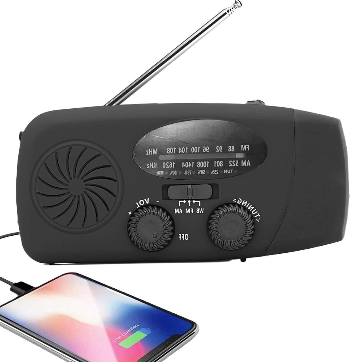 Overlevingsradio met Zaklamp - Draagbare Noodradio - Buitenactiviteiten - Zonne-energie en Crank - 16.9 x 8.1 x 6.7 cm - Zwart