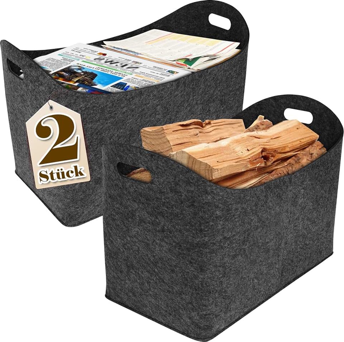 2 stuks houten tas van vilt, houten mand voor haardhout, brandhoutmand met handvat voor brandhout en kranten, haardhoutmand, opvouwbare brandhoutmand, multifunctionele mand voor boodschappen