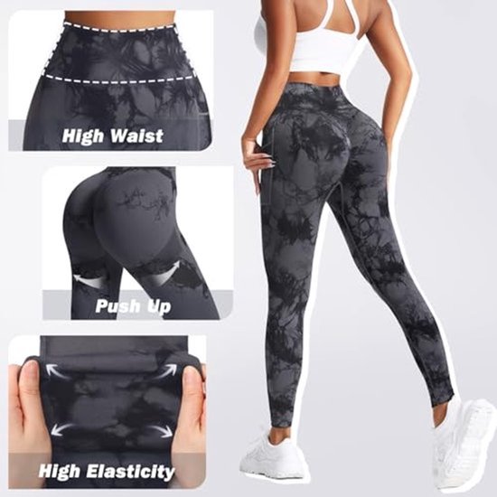Grijze tie-dye sportlegging met hoge taille, push-up detail en hoge elasticiteit voor fitness.