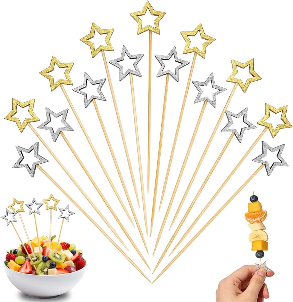 Cocktailsticks, 14 cm, houten spiesen, fingerfood spiesen, kerstspiesen, cocktailprikkers, goud- en zilverkleurig, feestspiesen, voor grillgerechten, fruit
