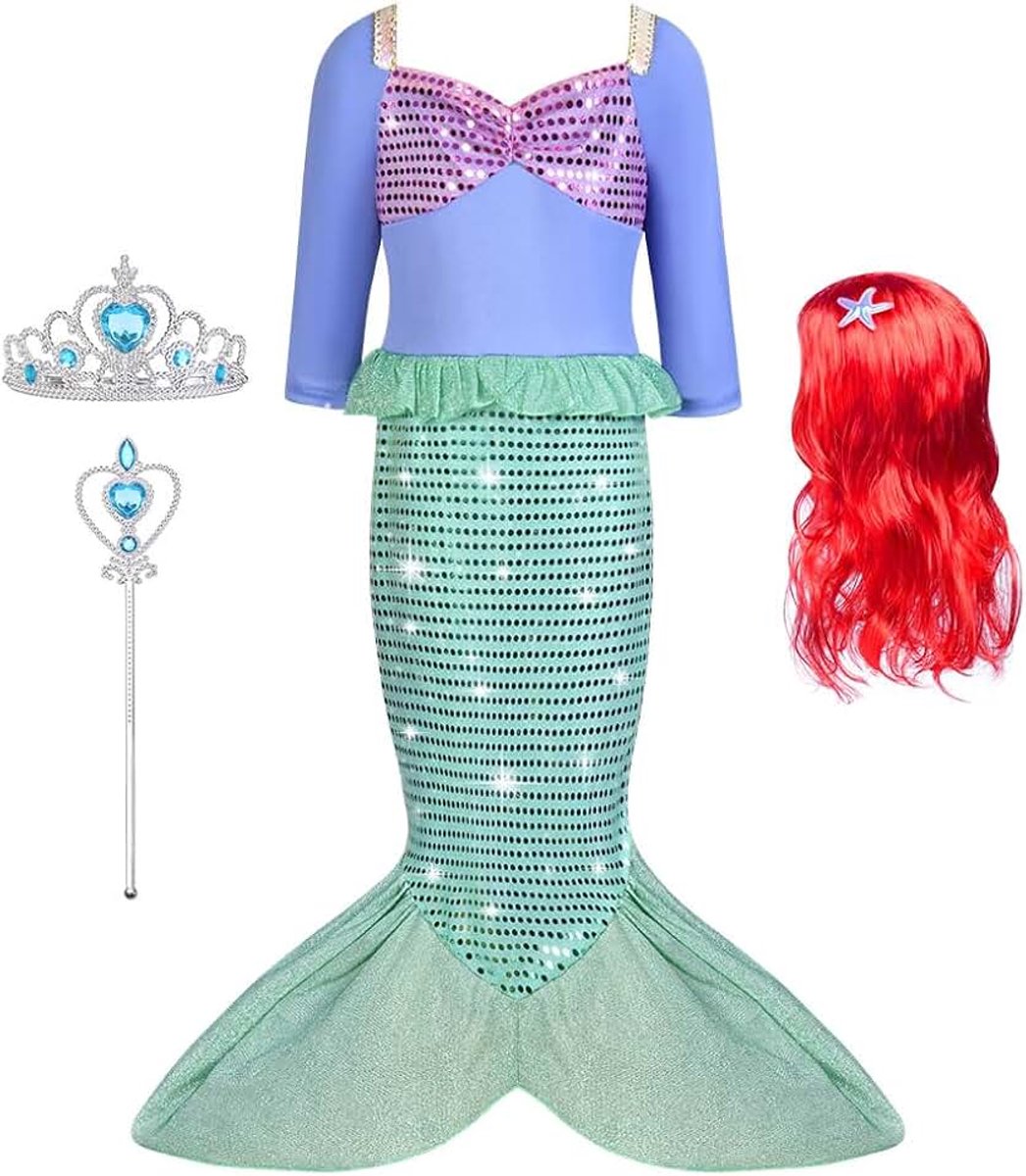 Mermaid Princess Fancy Dress Up Kostuum, Mermaid Princess Fancy Dress Up Kostuum met Accessoires en Pruik, Kleine Zeemeermin Kostuums voor Meisjes, Meisjes Halloween Zeemeermin Sequin Outfit