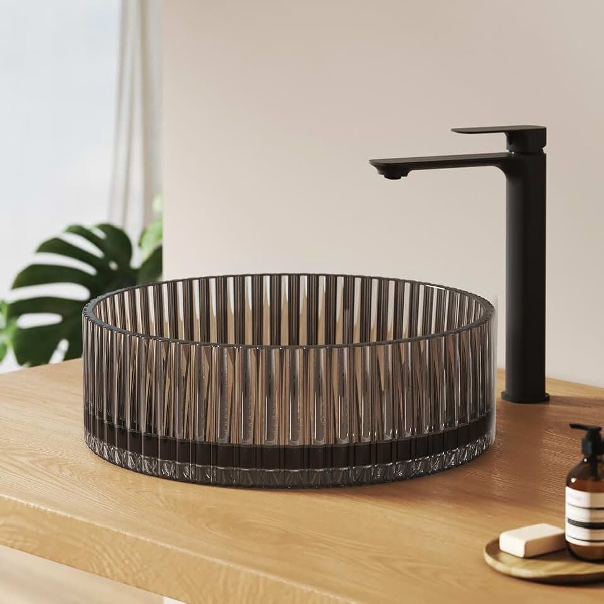 Ronde Opbouw Waskom van Glas 40,0 × 40,0 × 12,0 cm – Design Waskom van Glas met Groot Volume voor Badkamer en Gastentoilet, Zonder Kraangat, Mat Zwart