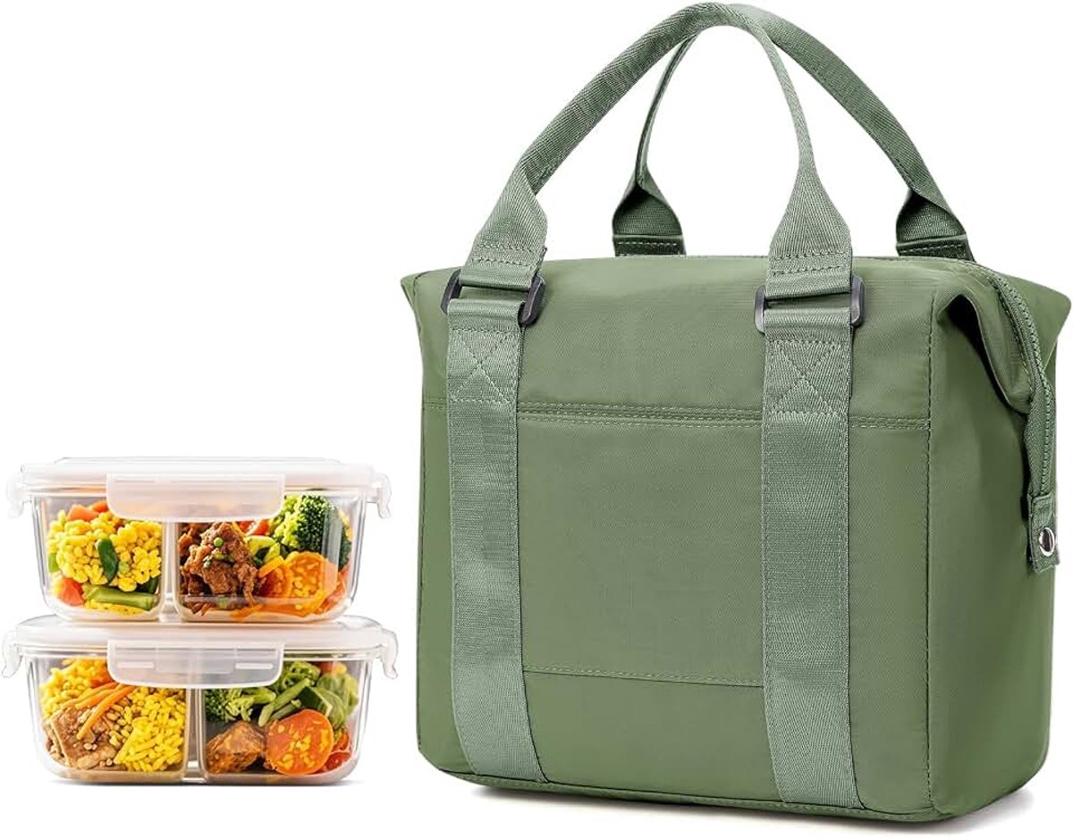 Geïsoleerde koeltas, lunchtas voor dames en heren, thermische voedseltas, picknicktas, draagbare lunchbox, geïsoleerde tas voor werk, school, reizen, B2-legergroen
