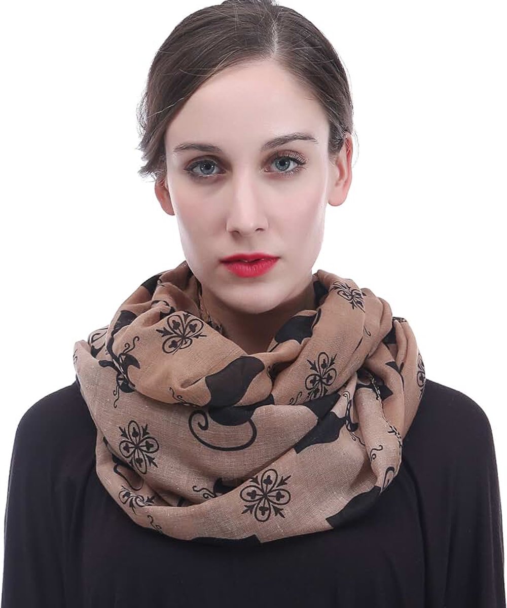 & Lily Dames loopsjaal met kattenprint, bruin en zwart., Eén Maat