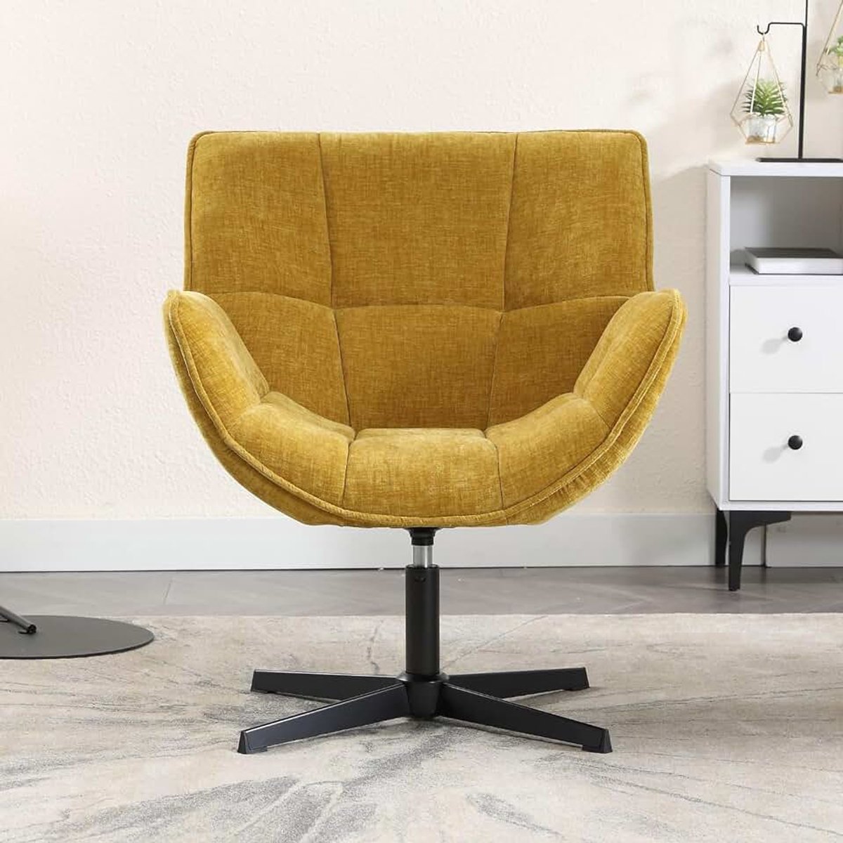 Chairus Accent fauteuil voor woonkamer draaibare kuipstoel in chenille-stof gestoffeerde occasionele loungestoel met metalen poten (geel)
