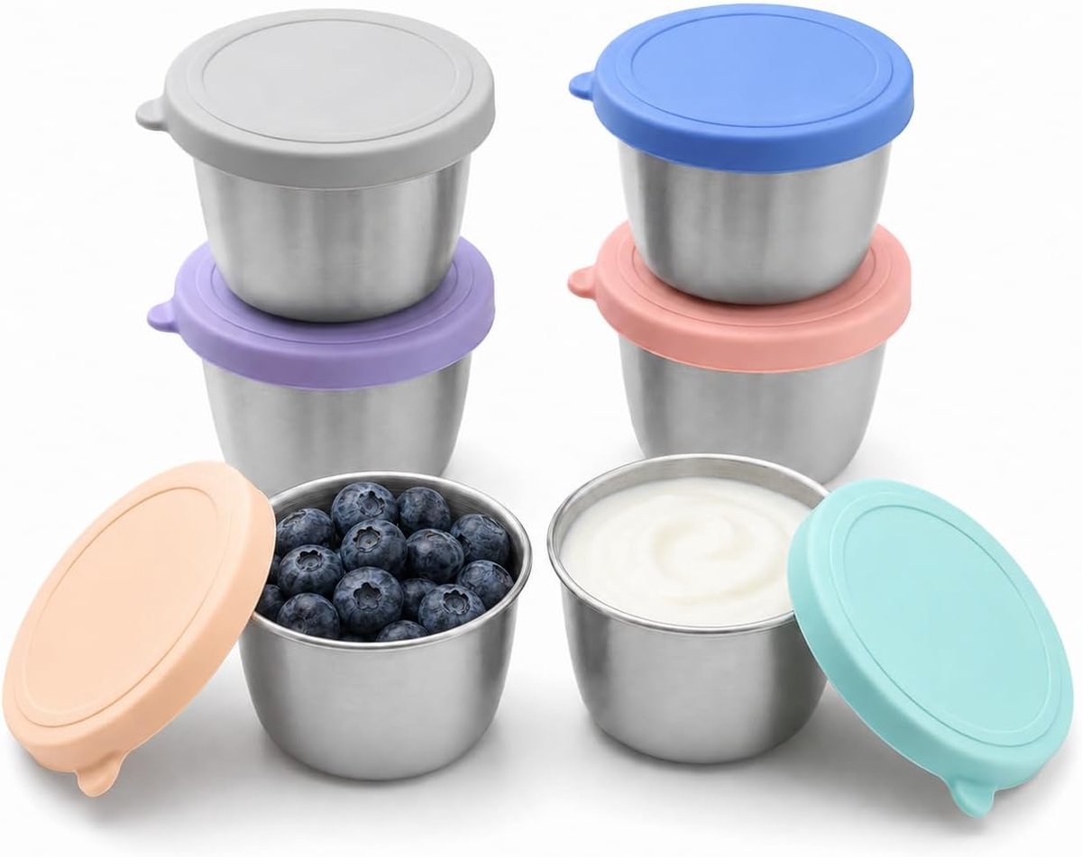 Mini Vershoudbakjes - Roestvrijstalen Sauscontainers met Deksel - Lekvrije Mini-blikjes voor Dressing, Sauzen en Dips - 70 ml - Herbruikbaar voor Lunchbox en Meal Prep - Meerkleurig - 6 stuks