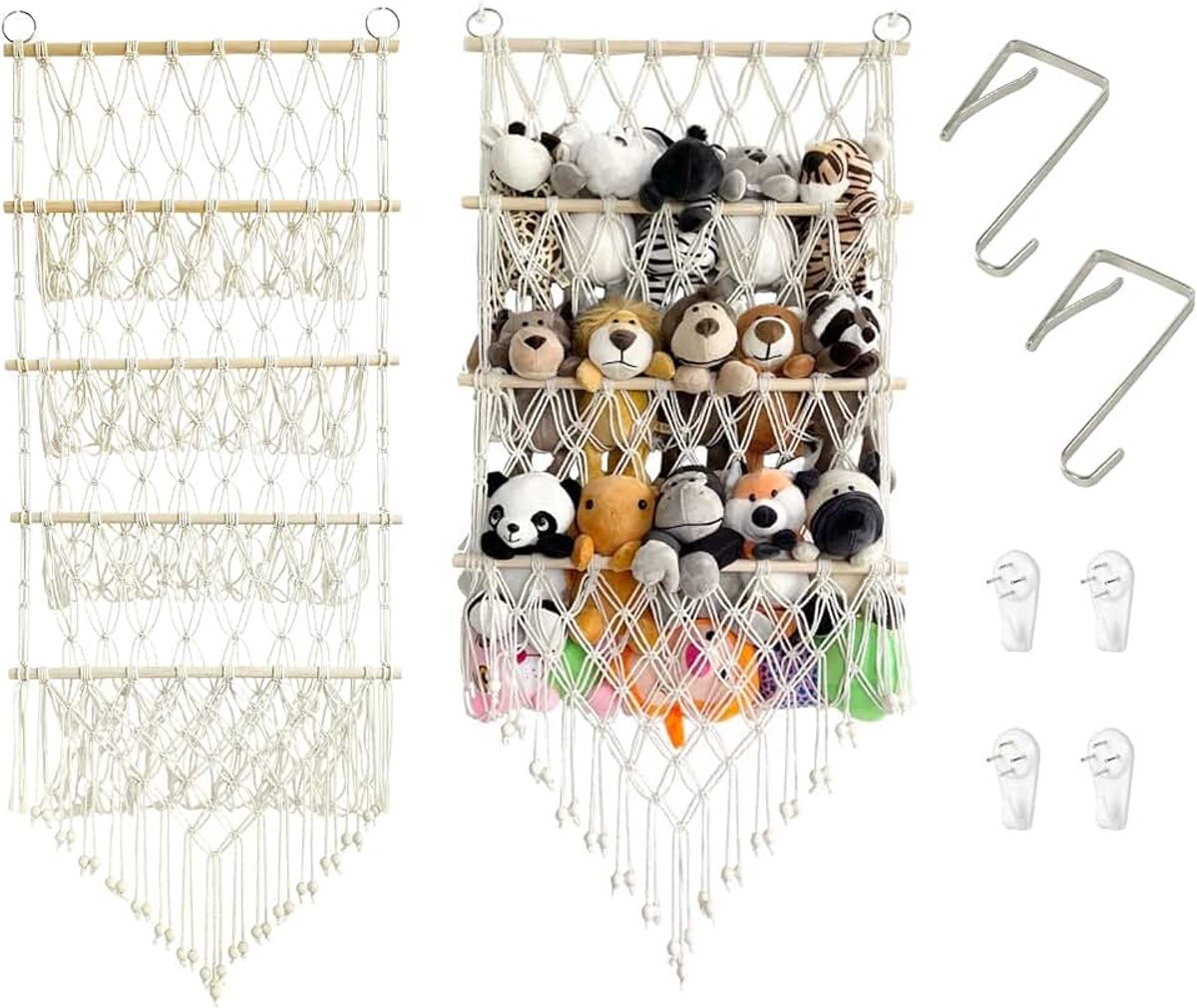 Opslag, net, stoffen dier, opslag met nettas, knuffeldier, opslag, hangende tas, boho, speelgoed, opslag, net voor slaapkamer, beige, 110 x 42 cm